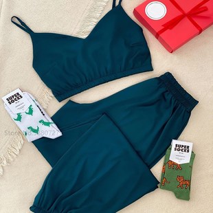 Satin Bra Sexy Pajamas Set Women Solid Strap Top Pants Sleep