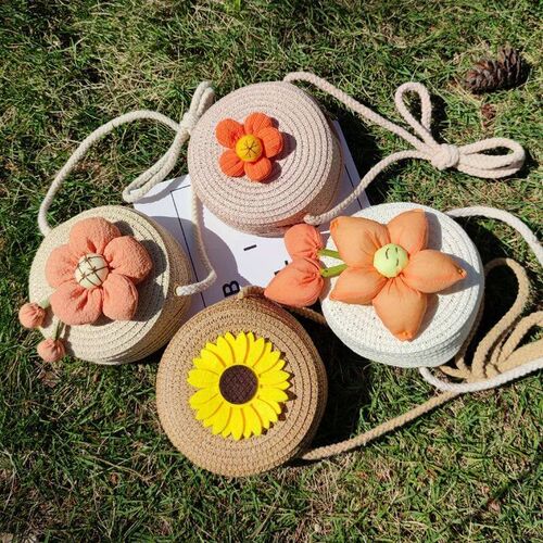 Baby Girls Straw Bag Kids Cute Flower Handmade Woven Travel