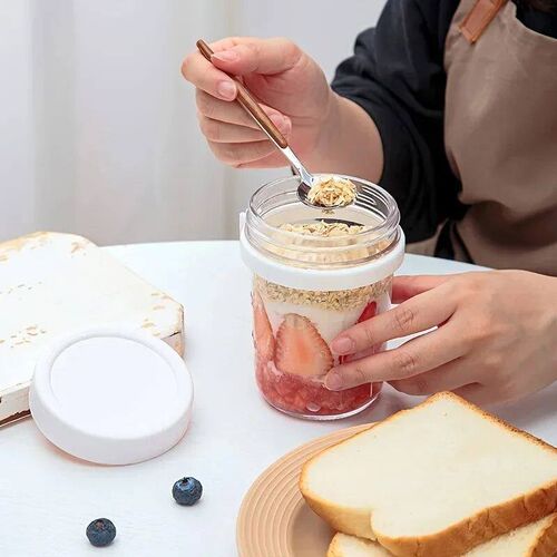 350ML Overnight Oat Cup Glass With Lid And Spoon Seal Food B