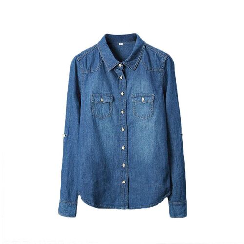 Autumn Women Lapel Button Blue Long Sleeves Denim Jean Shirt