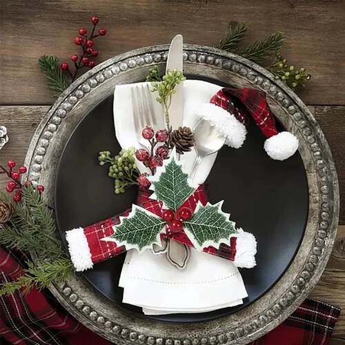 50/5Pcs Artificial Holly Berries With Green Leaves DIY Chris