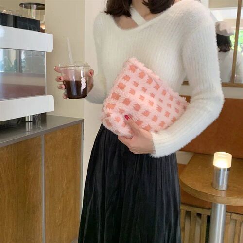 Women Plush Color Clashing Cosmetic Bag Travel Organizer Bag