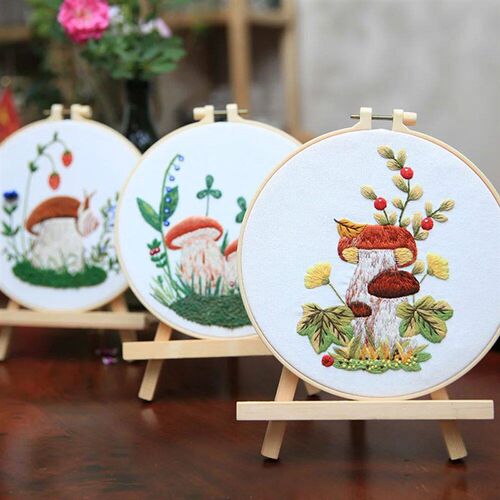 DIY Mushroom Pattern Embroidery Kit with Hoop Needlework Pra