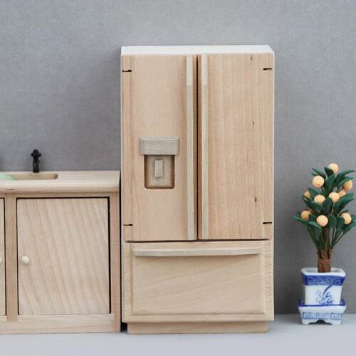 1:12娃娃屋dollhouse娃娃屋迷你木质小家具摆件ob11素坯双门冰箱