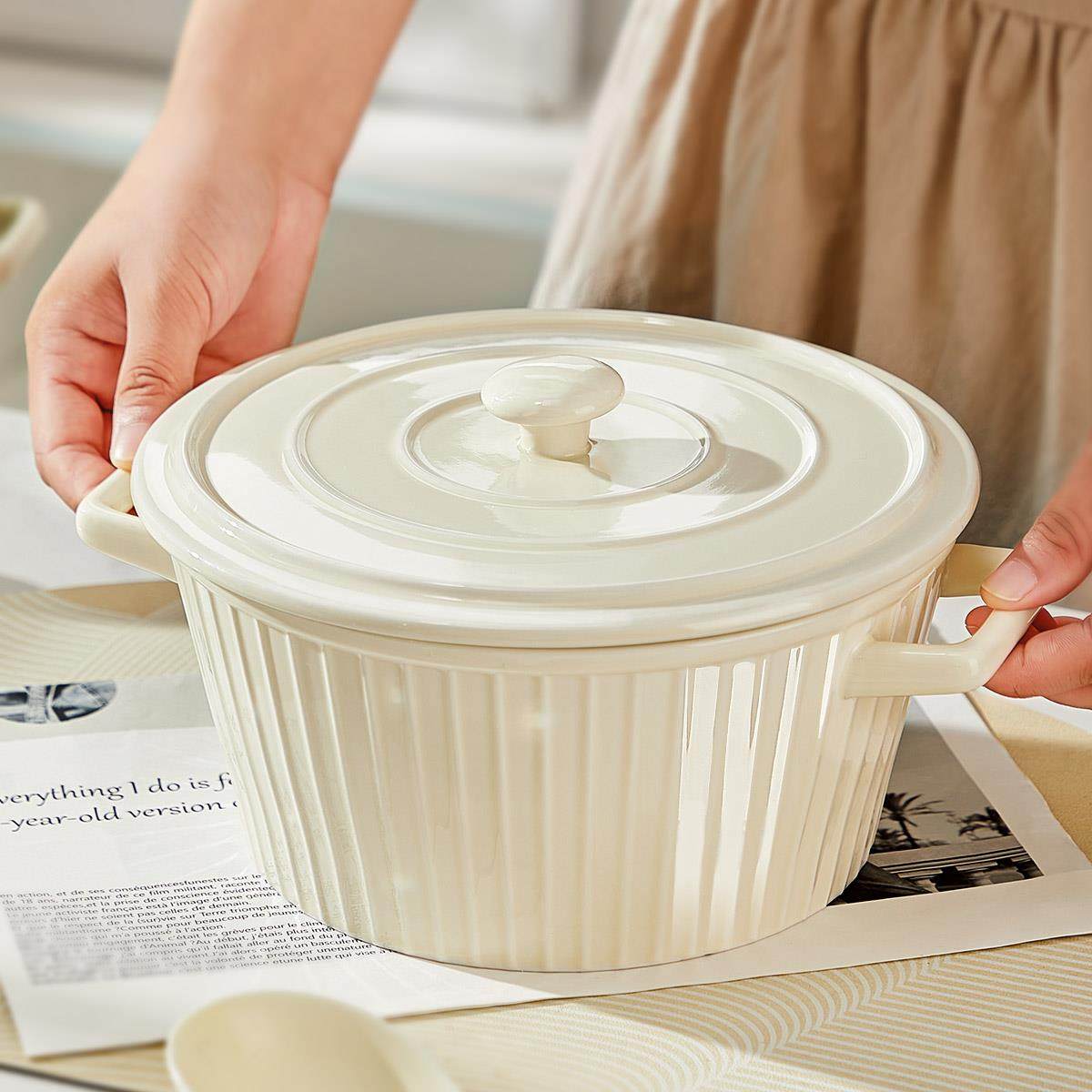 奶油风双耳汤碗家用大号陶瓷汤盆带盖8寸高颜值泡面碗螺蛳粉马小,餐饮具,碗,淘宝优惠券,粉丝福利购,淘宝优惠卷