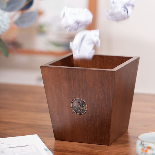 桌面家用客厅高颜l值小垃圾桶创意实木中式办公室卧室床头柜废纸