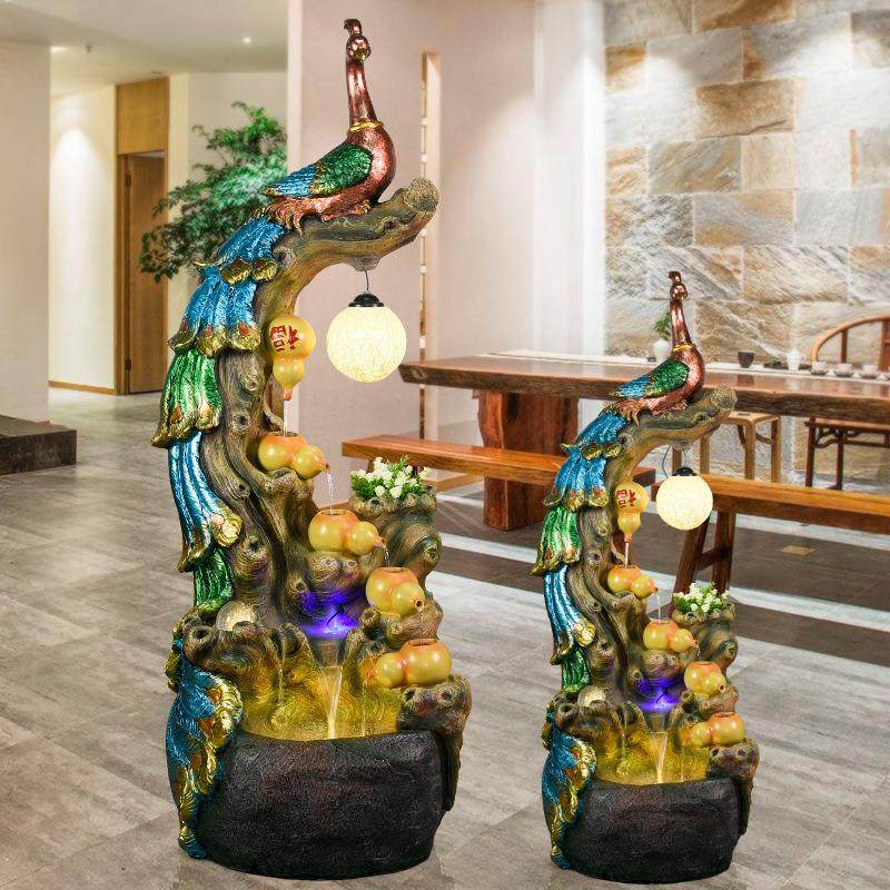 假山流水喷泉客厅加湿器家居装饰简约时尚办公室盆景孔雀落地摆件