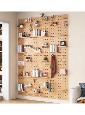 K8实木洞洞板入户玄关绿色挂板隔板木质墙上收纳架墙展示置物架定