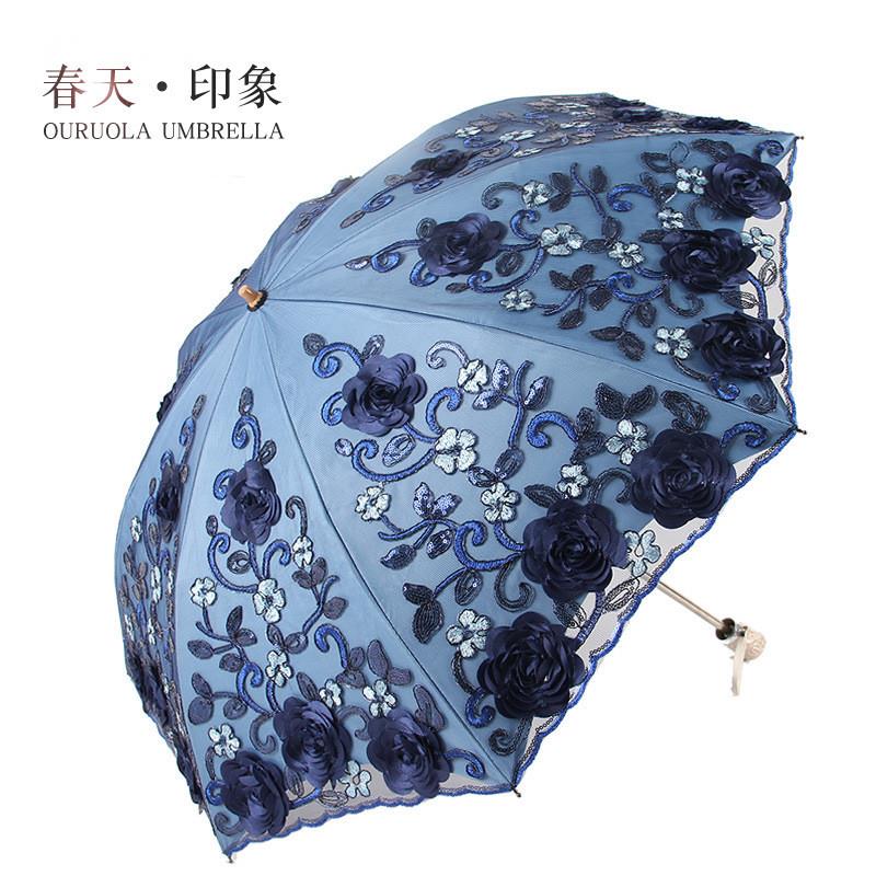 二折晴雨伞双层蕾丝伞刺绣伞1811黑胶防紫外线遮阳伞太阳伞