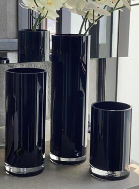HJM-黑色直筒玻璃花瓶摆件酒店大堂装饰婚庆圆柱落地桌面水培插花