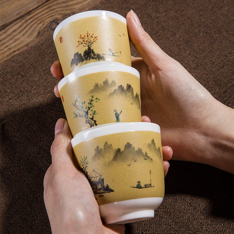 手绘杯功夫茶杯山水画杯陶瓷主人杯创意复古品茗杯个性专属杯送礼