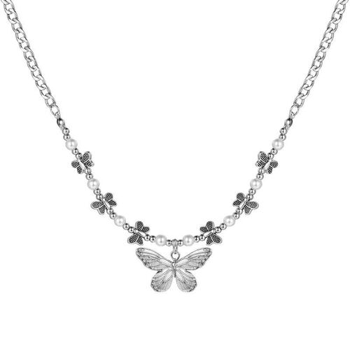 Imitation Pearl Collarbone Chain Retro Butterfly Pendant Nec