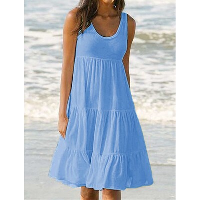 Women Boho Beach Dress Summer Spaghetti Strap Solid Color