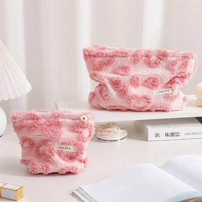 Plush Cute Pink Love Makeup Bag Portable Skincare Product Li