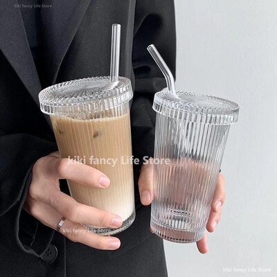 375Ml Simple Stripe Glass Cup With Lid and Straw Transparent