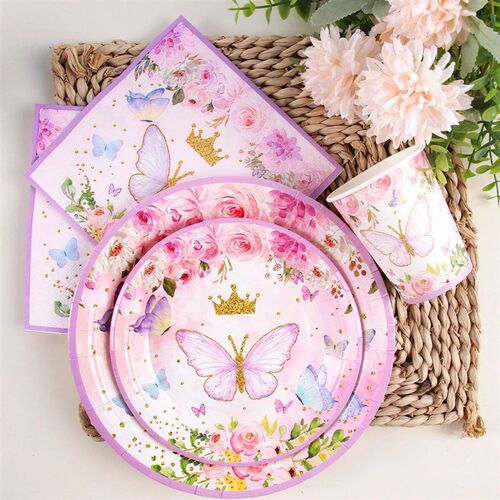 Pink Butterfly Birthday Tableware Backdrop Happy 1st First B