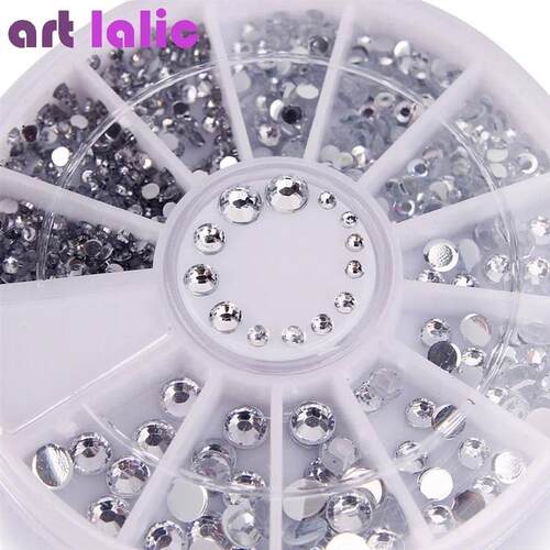 400Pcs Nail Rhinestones Set Silver round & Diamond Shapes 3D
