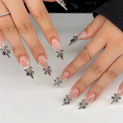 24Pcs White Almond False Nails Ballet with French Design Wea