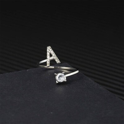 Silver Color Zircon Initial A-Z Letter Rings For Women 26 En