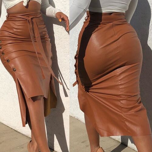 Women ndy PU Leather Midi Skirt Solid Color High Waist Lace-