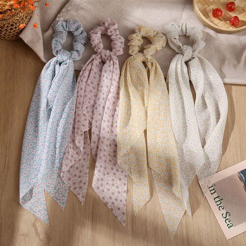 Korean Bow Long Ribbon Hair Scrunchie Chiffon Floral Print S