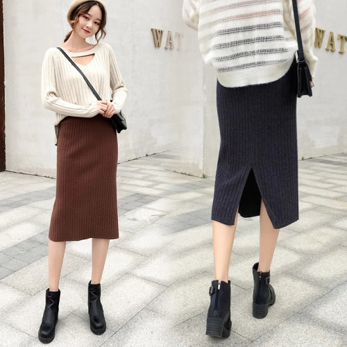 Autumn Winter Knit Pencil Skirt Women High Waist Elastic Ski