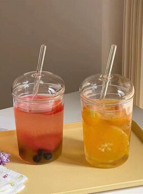 Transparent glass straw cup with lid coffee beverage cup