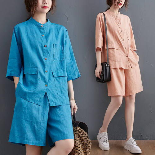 Cotton Linen Suit Womens Summer Loose Large Size Solid Stand