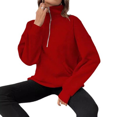 Zipper Collar Plain Casual Sweatshirt for Women 2025 Euro Au