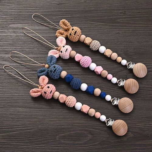 Baby Wooden Pacifier Clip Wood Crochet Rabbit Teething Sooth