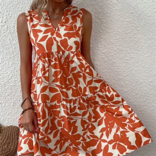 Women V Neck Print Dress 2023 Summer Elegant Sleeveless Loos