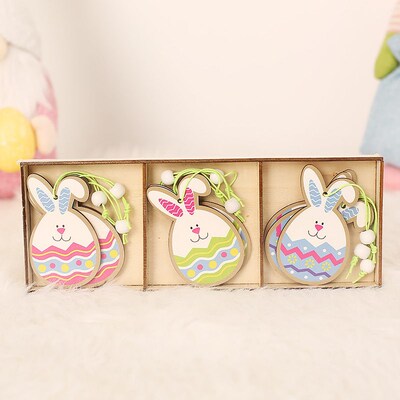 9pcs/set Easter Rabbit Wooden Pendants Hanging Painting Bunn
