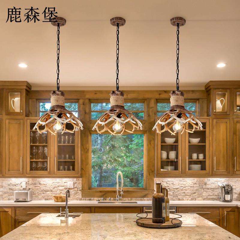 餐厅灯美式复古吧台厨房卡座岛台吊灯北欧创意咖啡厅民宿鹿角灯