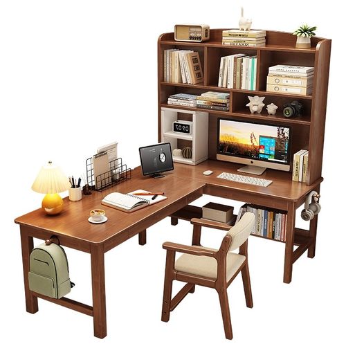 实木转角书桌书架一体桌书房靠墙7字L型电脑桌家用卧室拐角学习桌