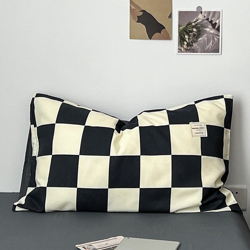 水洗棉枕套枕芯套装格子枕头套一只简约48*74cm单人一对成人枕皮
