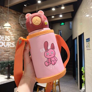 可爱儿童保温杯男女小学生可斜跨带杯套吸管杯卡通双盖两用水杯子