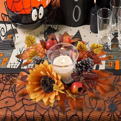 Candle Ring Artificial Wreath Ornament Maple Leaves Autumn W