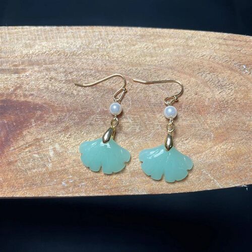 Retro Natural Green Jade Ginkgo Leaf Style Pearl Drop Earrin