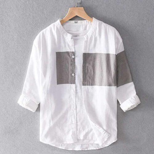Mens cotton linen casual three-quarter sleeve shirt loose t