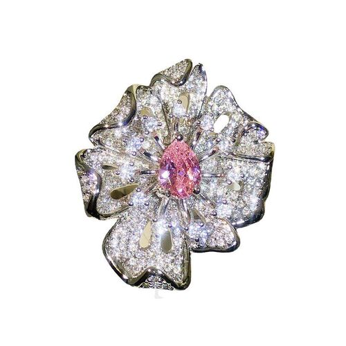 Pink Diamond Flower Ring Womens Openended ins Simple Style F