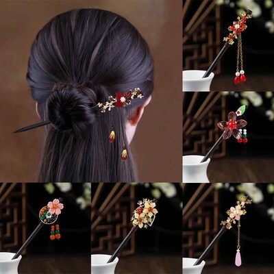 1PC Wooden Hair  Chinese Style Winding Flower Hairpin With T