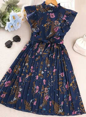 European Girls Dress Retro Print Flutter Sleeve Princess Dre