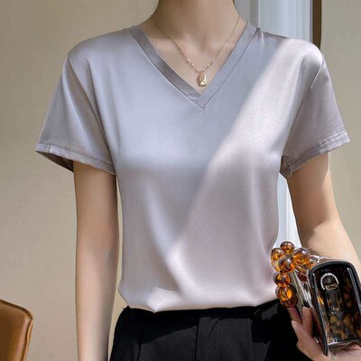 Summer v-neck real silk acetate short sleeve women thin shor