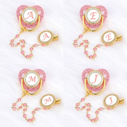 Pink Zircon Luxury Baby Pacifier Clip 26 Letters Newborn Per