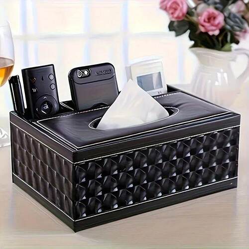 Elegant Faux Leather Tissue Box Cover with Remote Holder - S