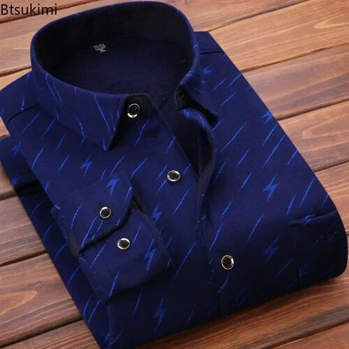 2024 Mens Winter Warm Long Sleeve Plaid Shirts Flannel Fur