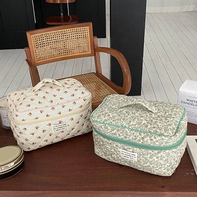 Quilted Quilting Cotton Makeup Bag Women Zipper Cosmetic Org