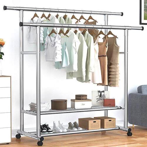 Double Rods Clothes Rack, Rolling Coat Rack Bedroom Laundry