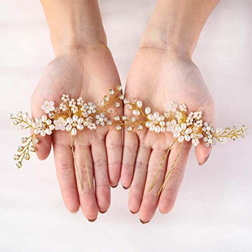 Bridal Wedding Hair Pins Silver Flowers Shape Pearl Rhinesto