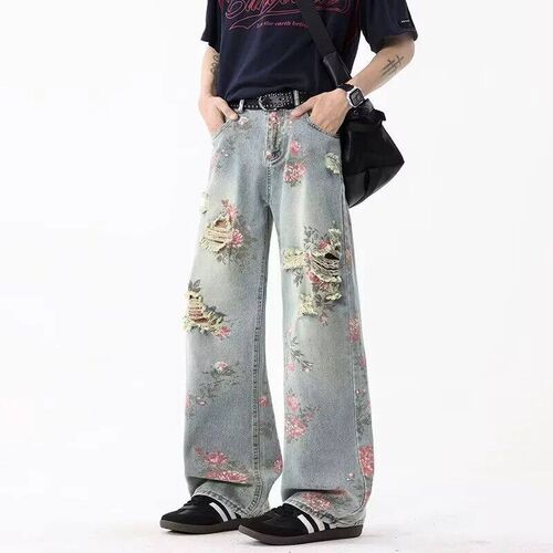 Summer Retro Peony Flower Jacquard Ripped Jeans For Men Grap